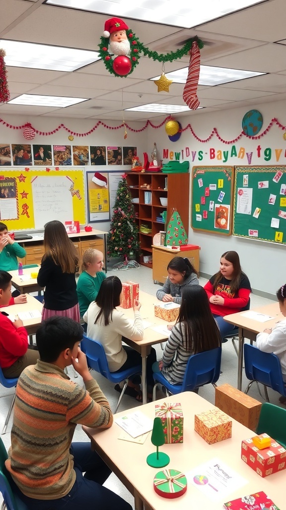 Fun Christmas Games for the Classroom Students enjoying Christmas games in a decorated classroom.
